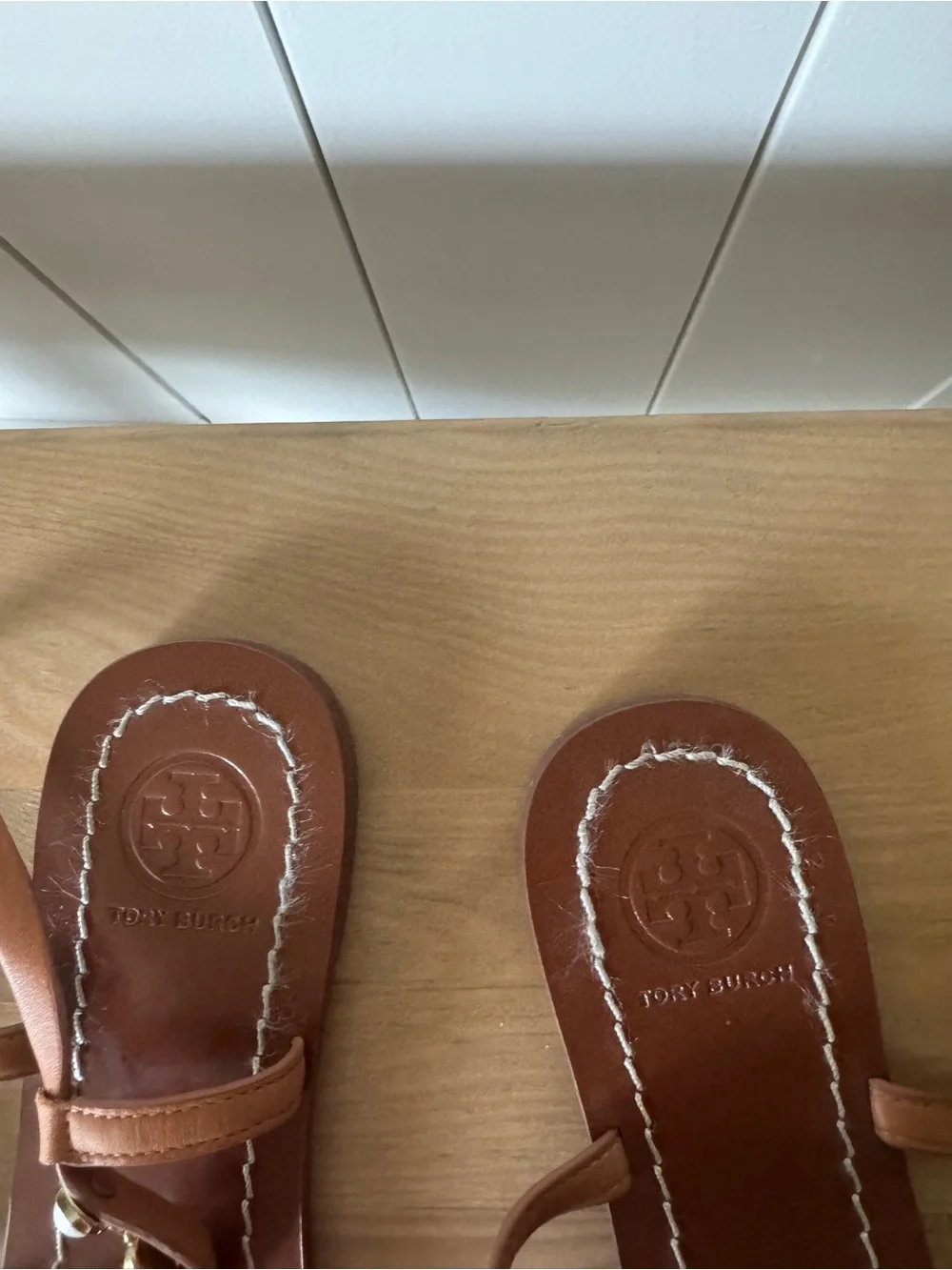 Tory Burch Tan Leather T-Strap Sandals with Pearl Accents